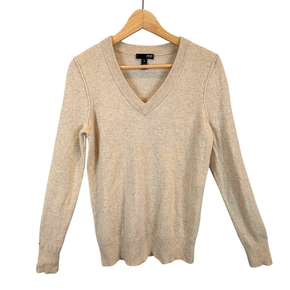 AQUA Pure Cashmere Oatmeal V-Neck Sweater Size Large